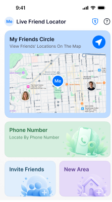 Live Friend Locator home screen showing a friends map and quick actions